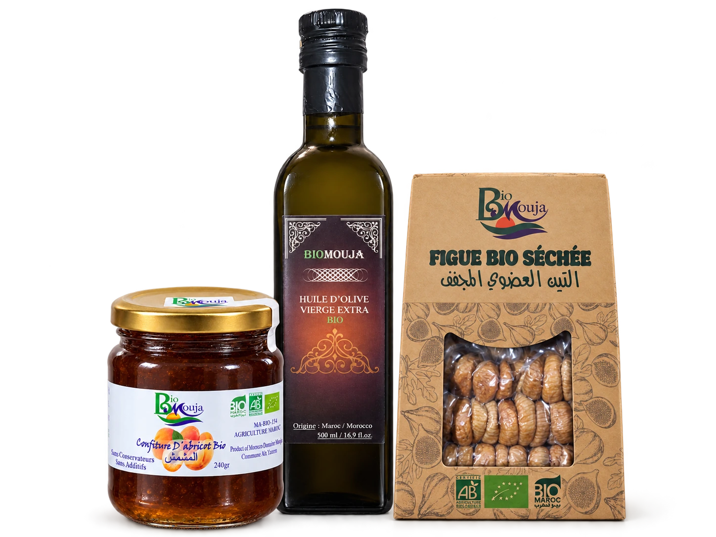 Huile d’olive, confiture d’abricot et figues séchées BioMouja