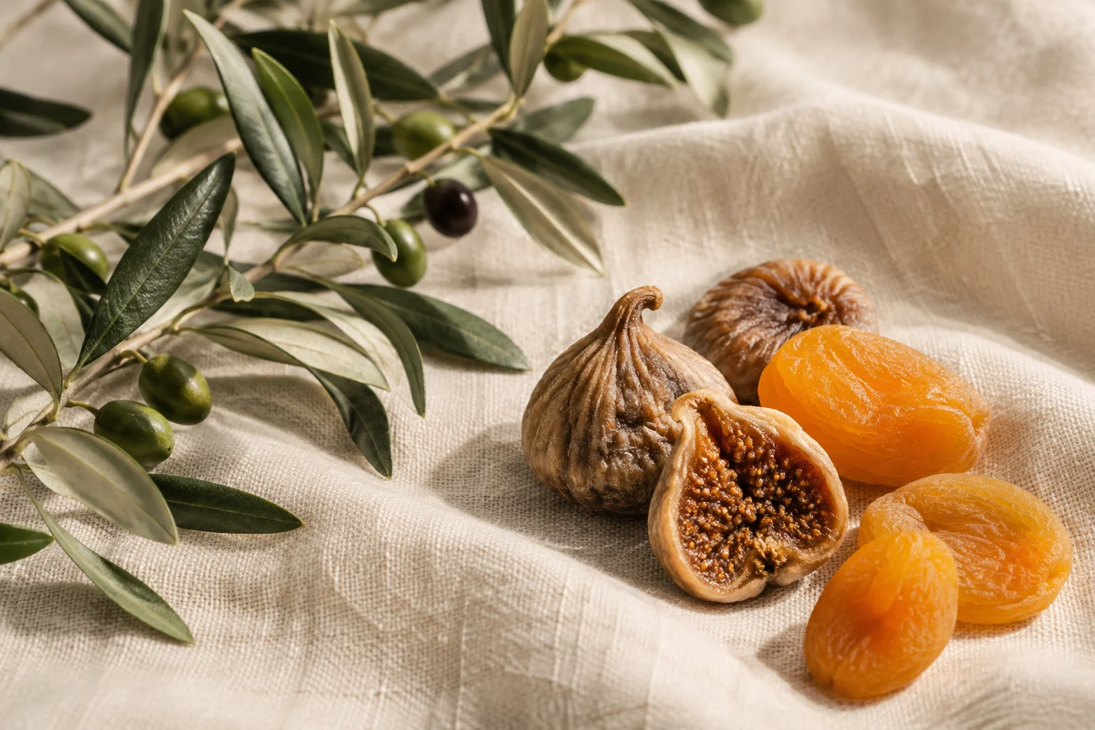 Figues et abricots séchés avec des branches d’olivier sur une table de lin